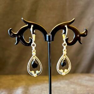 Sterling Silver & Black Teardrop Earrings w/ AB (looking) Crystal Accents